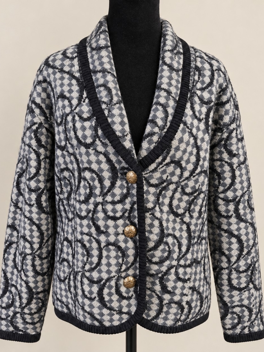 Vintage Bleyle 100% Wool Cardigan Sweater M Gray Black Jacquard Gold Buttons